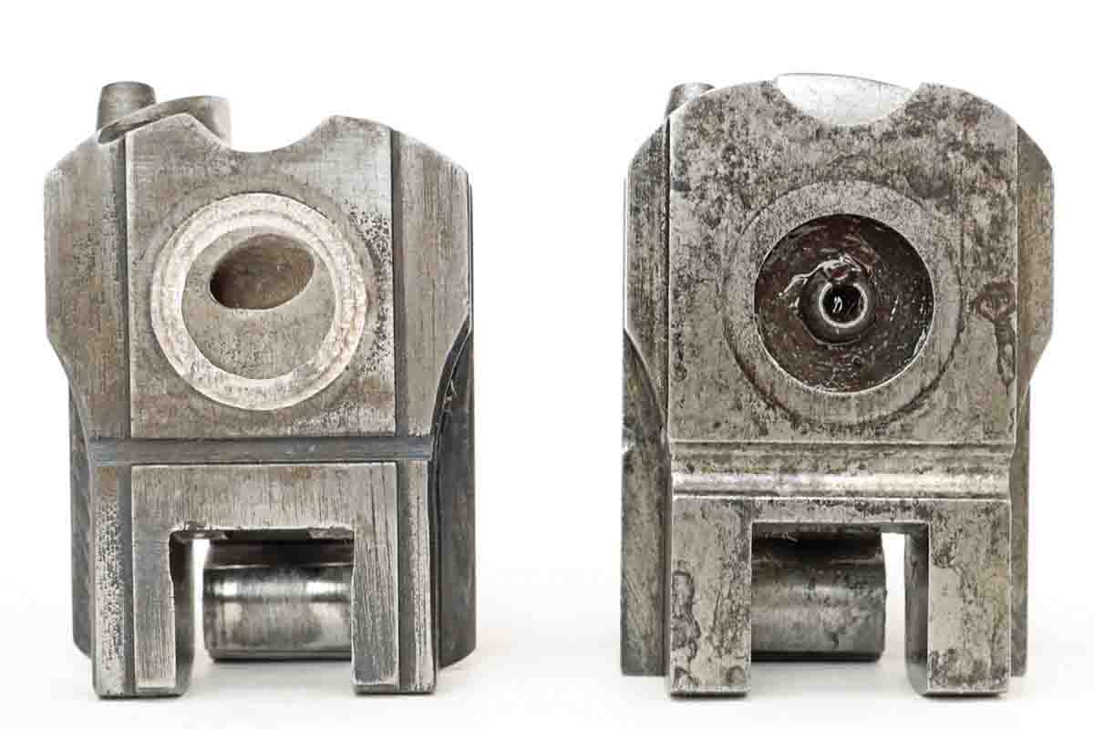 The front of the breechblock on the left has the platinum ring, which was the first type of breechblock used on this model. The breechblock on the right shows the steel ring/washer where the platinum used to be, as well as the Conant recessed cavity with the protruding flash channel cone coming up out of the center. This was the last type of block used for the Model 1853.